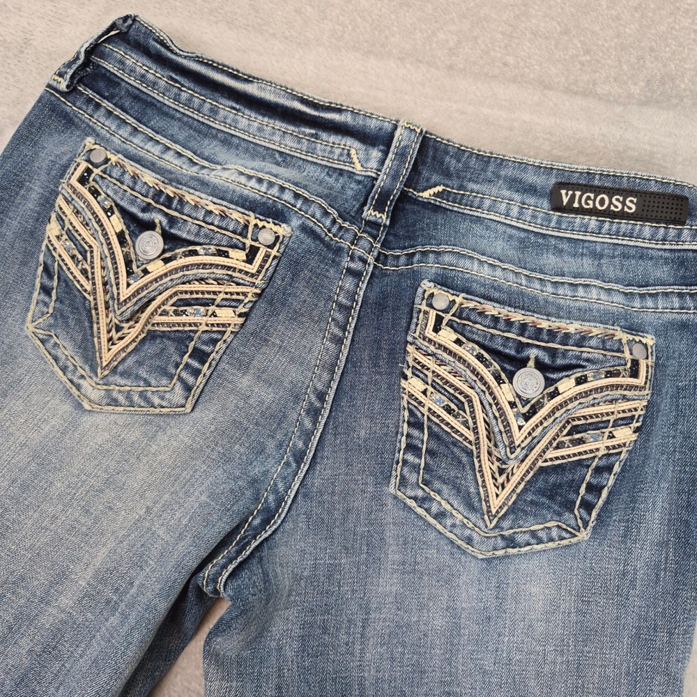 Vigoss Dallas Bootcut Jeans Medium Wash Embellished Heritage Fit Mock Flap 9/10